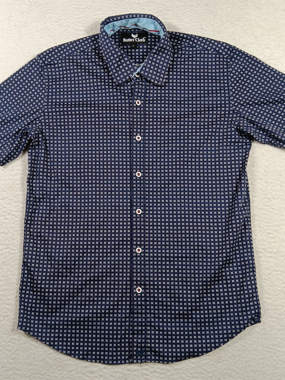ButterCloth Shirt Mens Large Navy Blue Short Sleeve Button Up Cotton Geometric